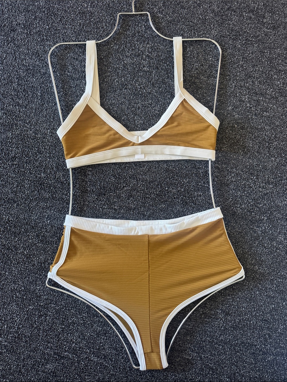 High-Waist Two-Piece Bikini Set in Mustard with White Trim